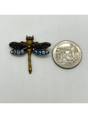 Vintage West Germany Dragonfly Brooch Blue Aurora Borealis Rhinestones Insect
